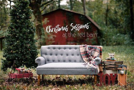 a grey couch sitting in the middle of a field next to a christmas tree and other decorations