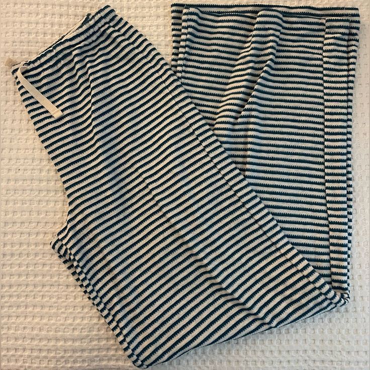 Cotton Striped Pants. Never Worn Striped Stretch Wide Leg Bottoms, Striped Wide Leg Loungewear Bottoms, Striped Stretch Wide-leg Pants, Blue Lounging Pants With Elastic Waistband, Striped Stretch Pants For Loungewear, Stretch Striped Pants For Loungewear, Stretch Striped Cotton Pants, Striped Trousers For Loungewear, Striped Stretch Straight Leg Pants