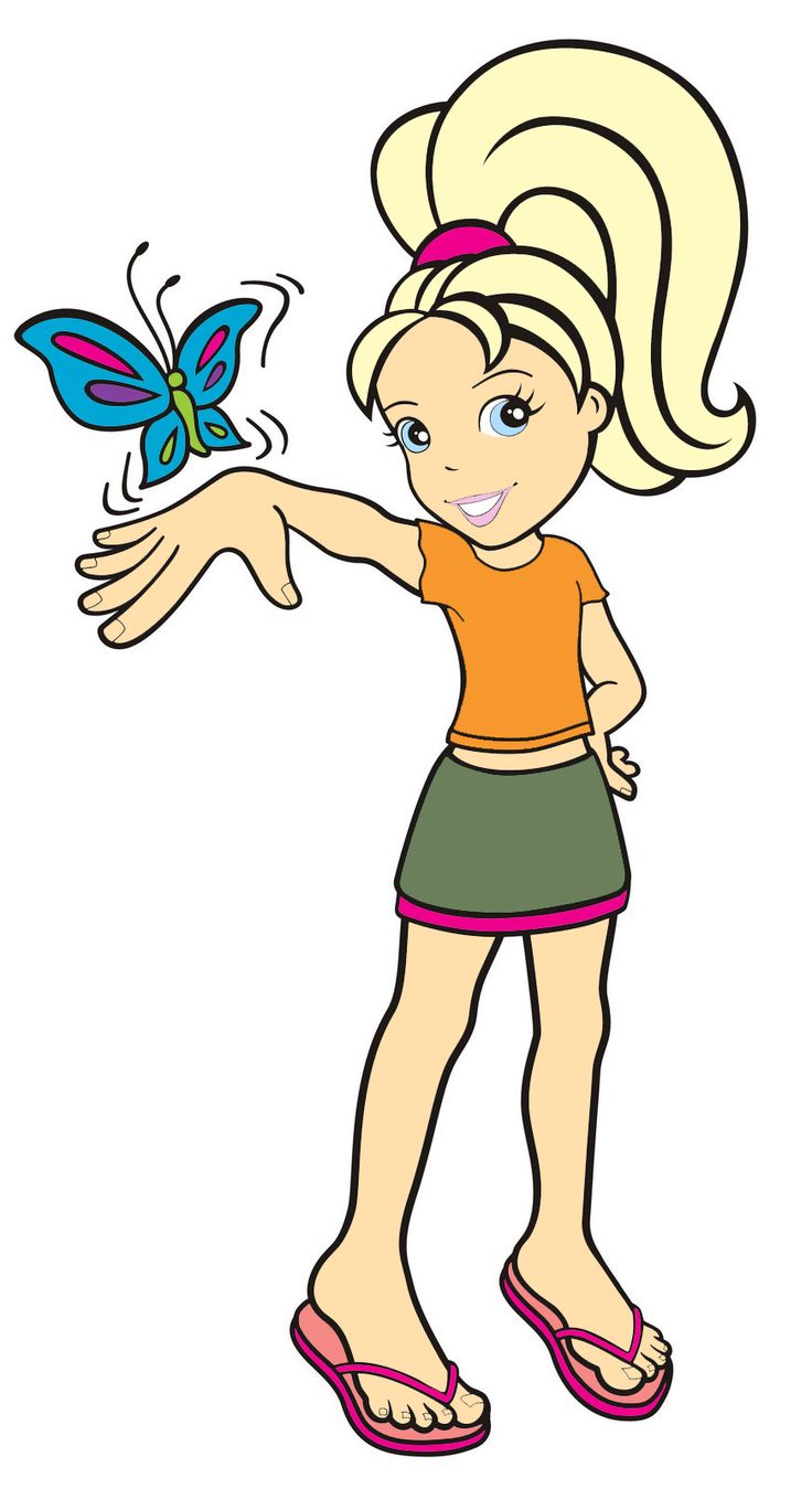 a cartoon girl holding a butterfly in her hand