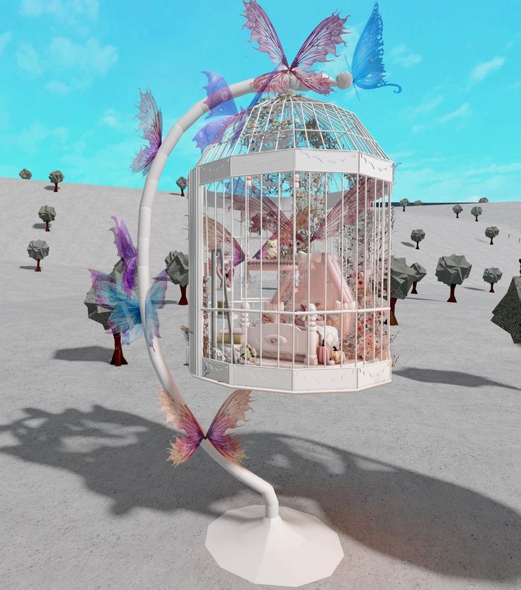 a birdcage filled with lots of colorful butterflies