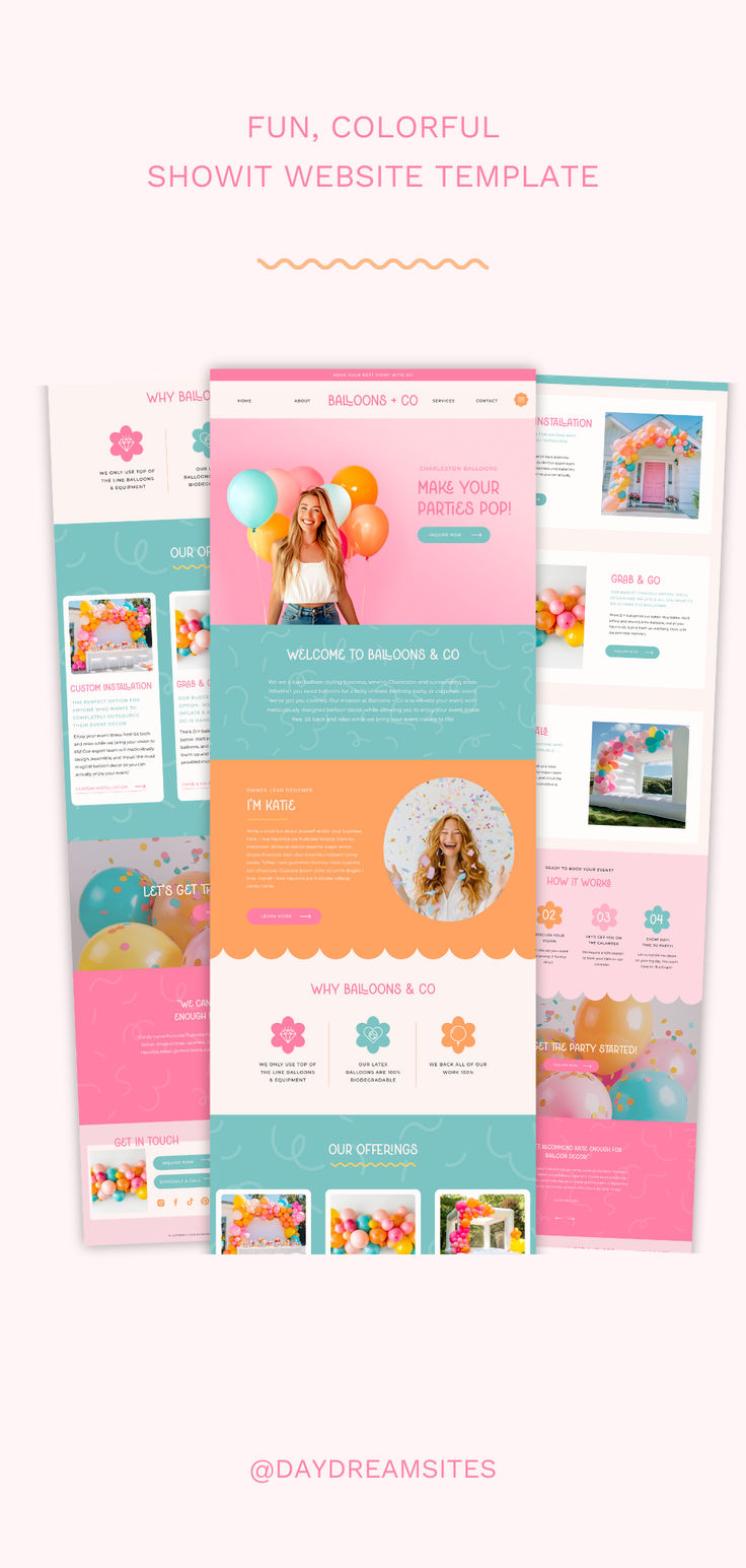 fun, colorful Showit website template Party Planner Website Design, Event Agenda, Planner Website, Website Layouts, Colorful Website, Balloon Artist, Kids Web, Showit Website Template, Graphic Design Infographic