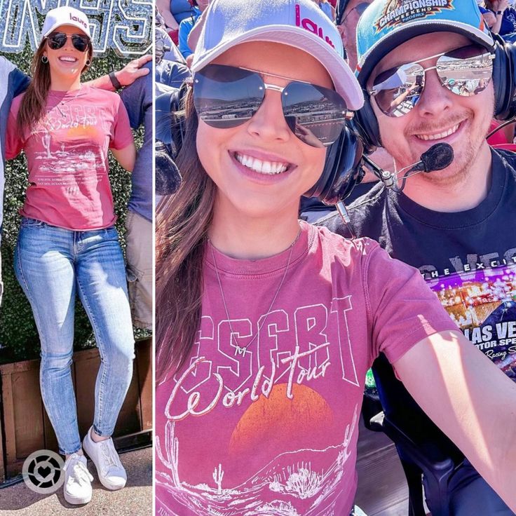 two people are posing for pictures in front of a crowd wearing sunglasses and baseball caps