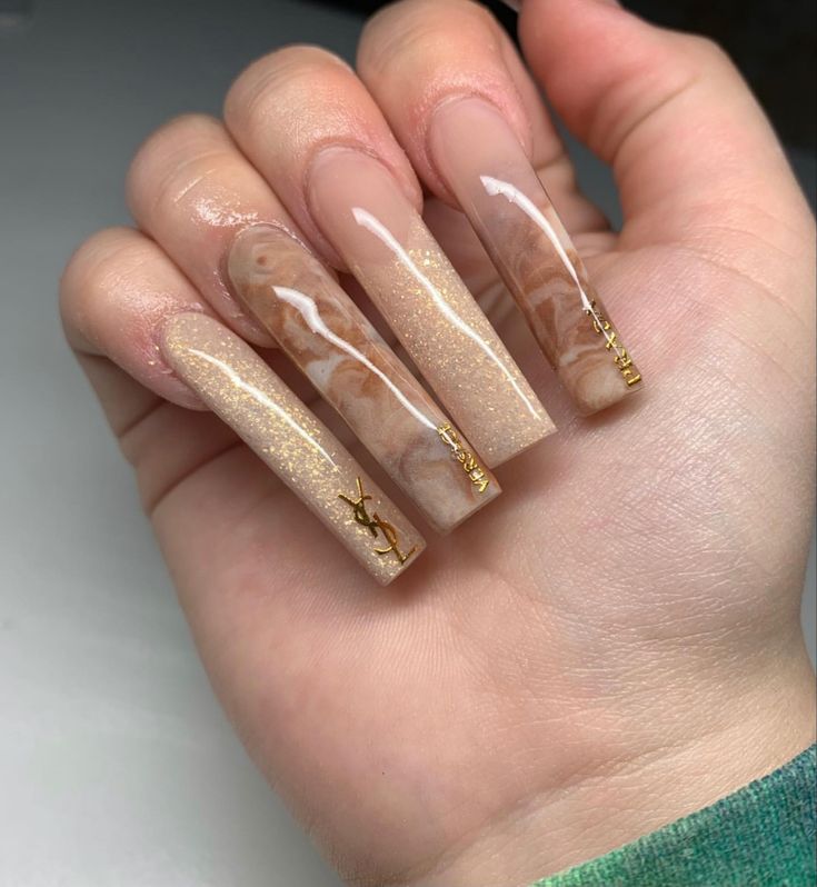 Brown Marble Nails, Brown Acrylic Nails, Ombre Acrylic Nails, White Acrylic Nails, Glow Nails, Classy Acrylic Nails, Long Acrylic Nails Coffin, Long Square Acrylic Nails, Bling Acrylic Nails