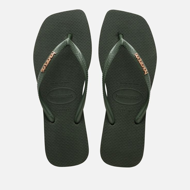 Havaianas flip flops  Dark green rubber  Embossed gold-tone logos  Designer colour: Olive Green  Made in Brazil Rubber Flip Flops, Square Logo, Havaianas Flip Flops, Loafer Slippers, Trainer Heels, Occasion Shoes, Colorful Shoes, Bow Shoes, Womens Mules