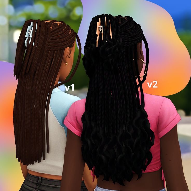 two girls with braids standing next to each other in front of a colorful background