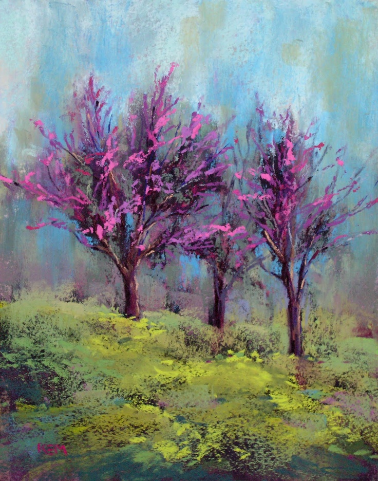 an oil painting of three trees with purple flowers