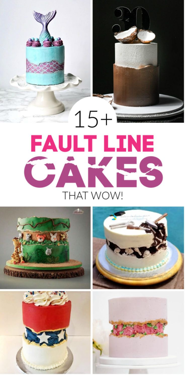 some cakes that have different designs on them and the words, 15 + fault line cakes that wow