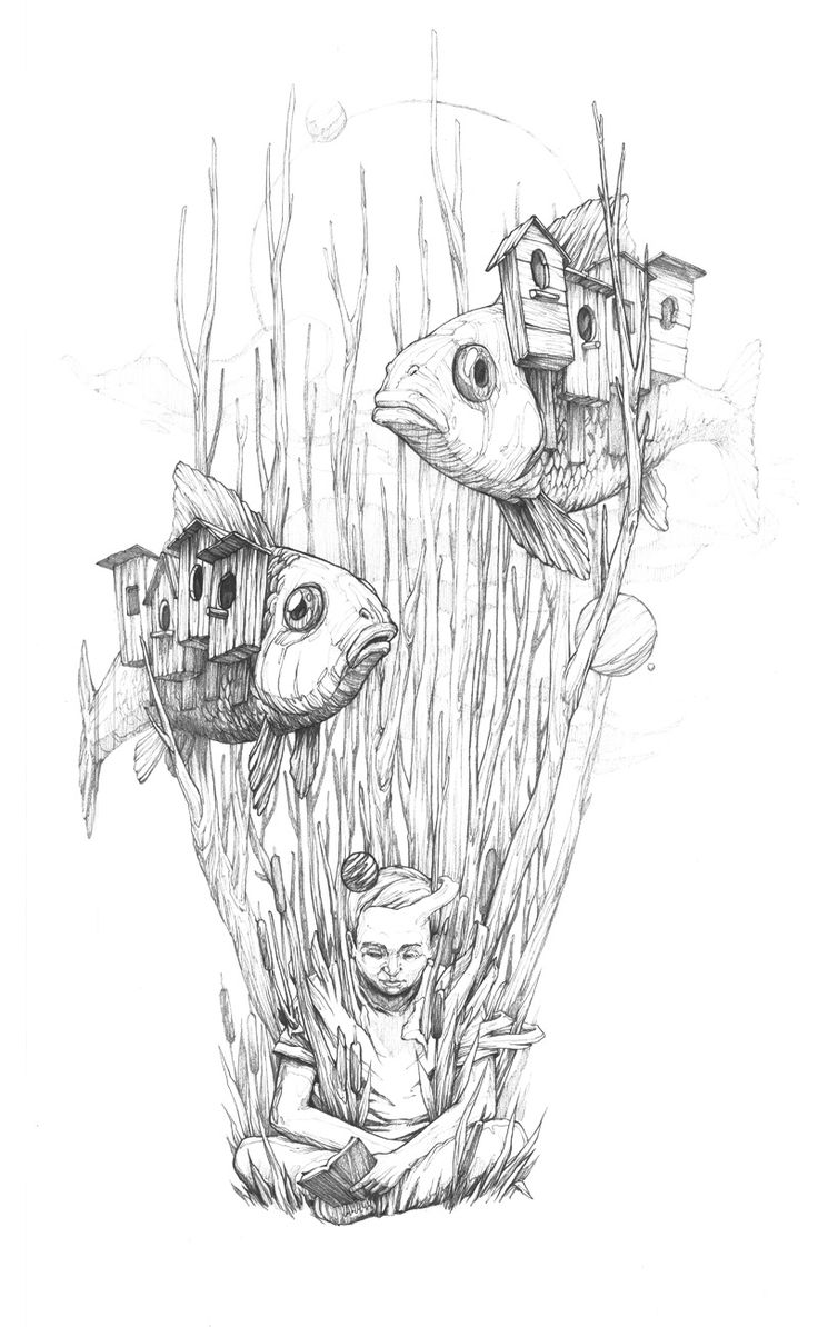 a pencil drawing of two fish in the water with houses on their heads and a man looking at them