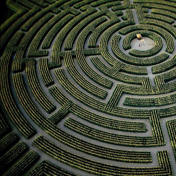 an aerial view of a circular maze in the ground