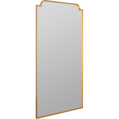 a gold framed mirror on a white background with clippings to the left side