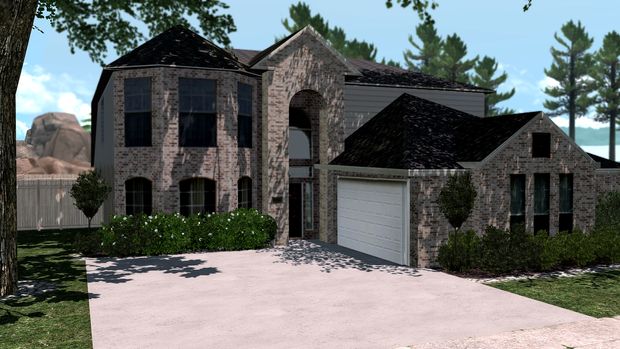 this is an artist's rendering of a house in the country side with two garages