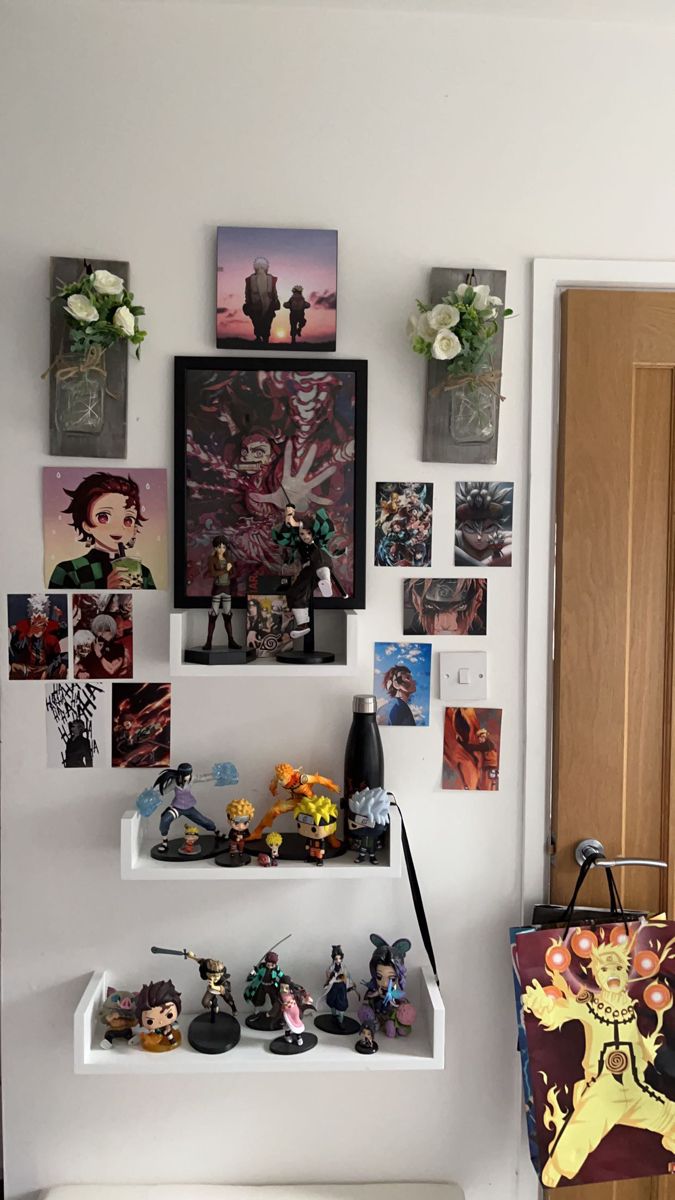 a wall with pictures and other items on it