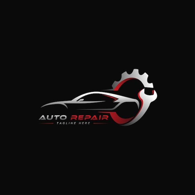 the logo for auto repair company, featuring a car with gears on it's hood