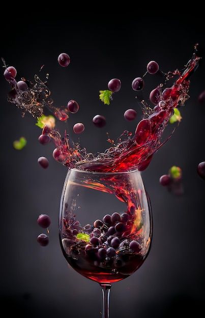 a wine glass filled with red wine and grapes falling into the water in front of it