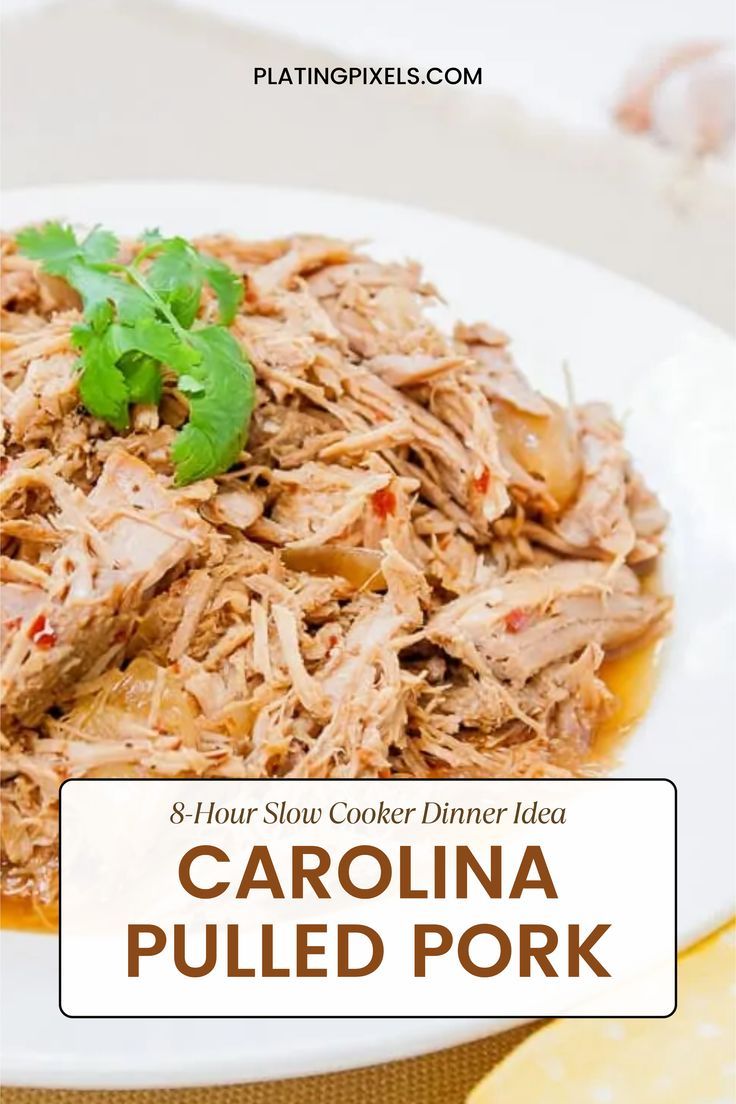 Bring the taste of the Carolinas to your dinner table with this slow cooker pulled pork recipe. Cooked for 8 hours in a crockpot, the pork turns out tender, juicy, and infused with a flavorful blend of spices and tangy broth. Visit my website for the complete recipe and enjoy this healthy, delicious meal any night of the week. Pork Sandwich Sides, Pulled Pork Side Dishes, Pulled Pork Sides, Paleo Pulled Pork, Pulled Pork Dinner, Pork Side Dishes, Easy Pulled Pork Recipe, Pork Crockpot, Pork Crock