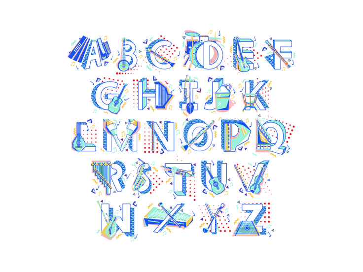 the letters are made up of different shapes and sizes, including one that has been drawn on