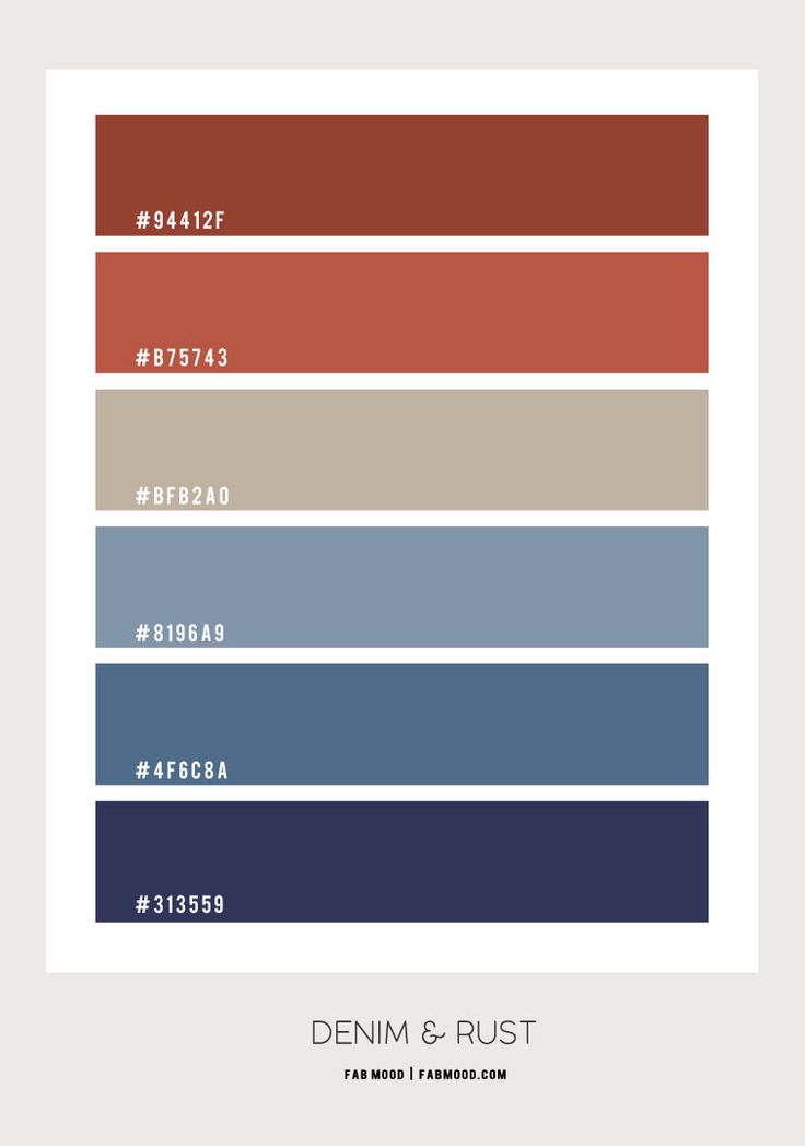 the color scheme for denim and rust is shown in shades of blue, red, brown,