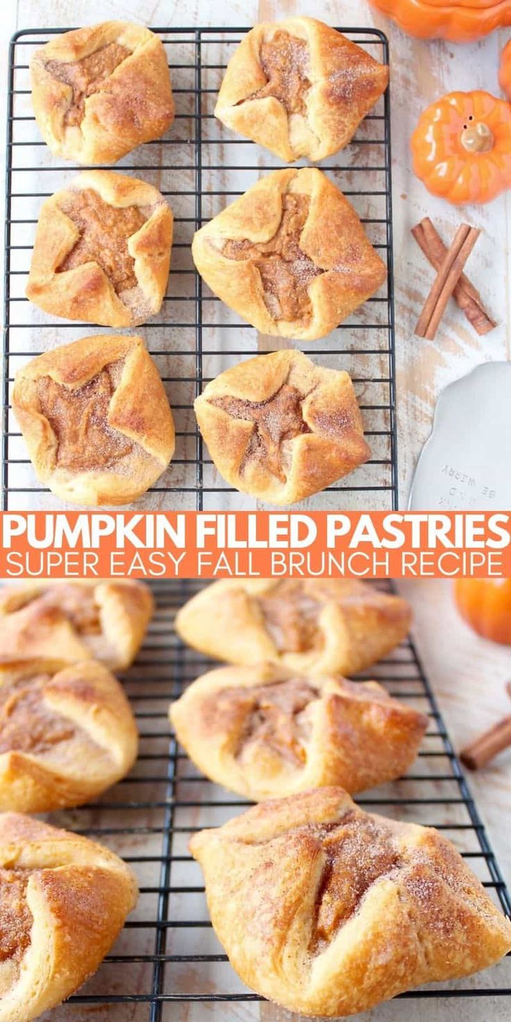 pumpkin pastries are cooling on a wire rack with cinnamon sticks and an orange in the background