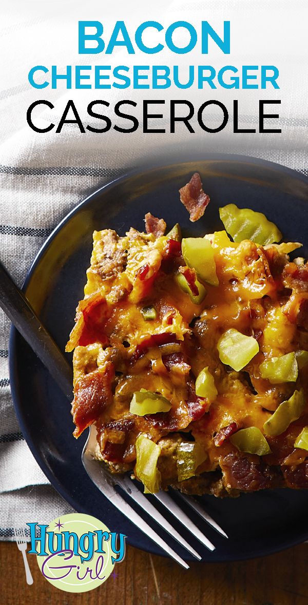 bacon cheeseburger casserole on a blue plate with a fork and napkin