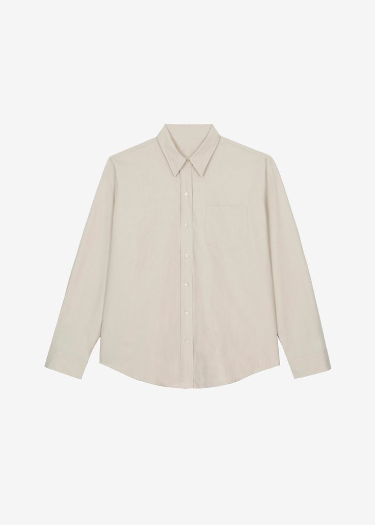 Beige Button-up Shirt With Patch Pockets, Classic Neutral Cotton Blouse, Classic Cotton Blouse In Neutral Color, Neutral Cotton Button-up Blouse, Beige Work Shirt With Welt Pockets, Neutral Button-up Cotton Blouse, Beige Shirt With Welt Pockets For Work, Beige Workwear Shirt With Welt Pockets, Beige Cotton Shirt For Daywear