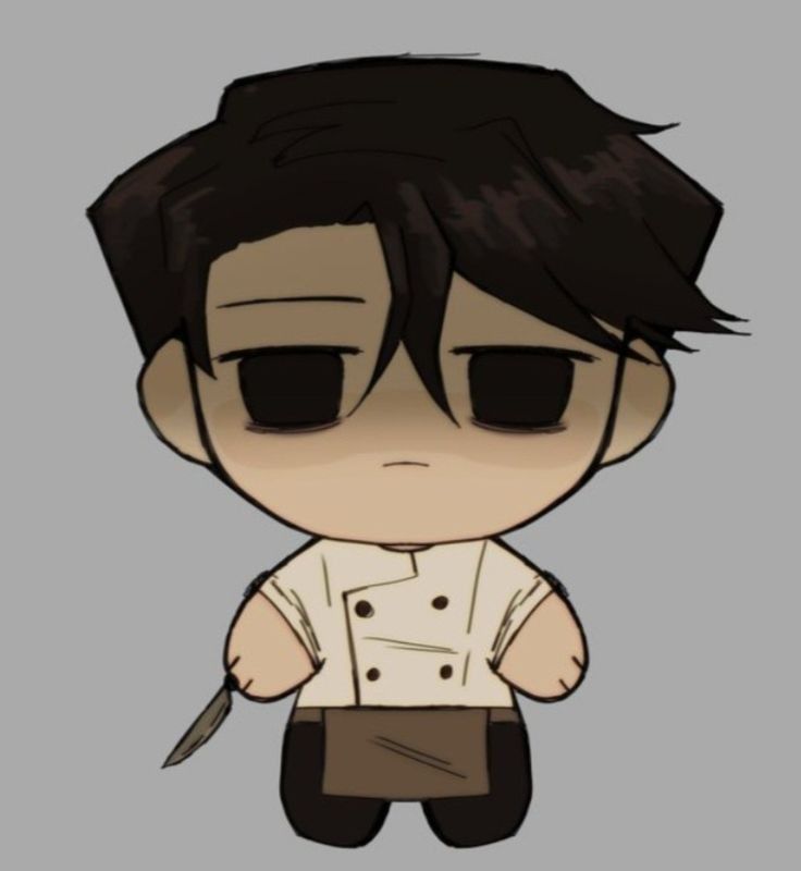 a cartoon character with black hair and glasses holding a knife in one hand while wearing a white shirt