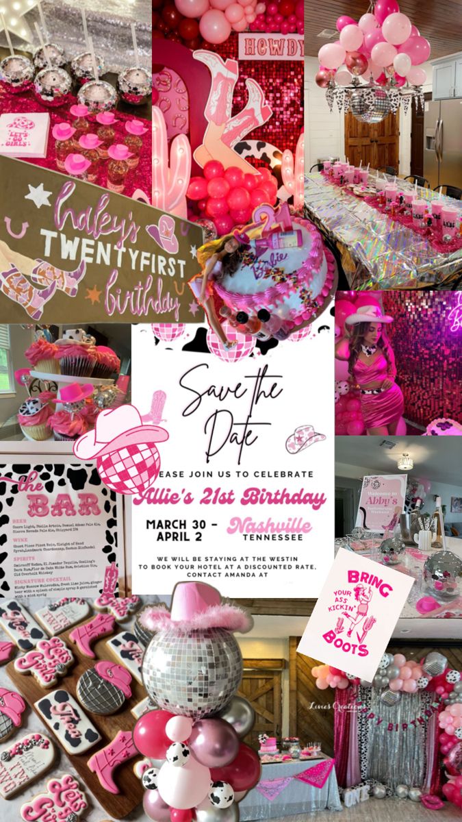 a collage of pink and silver items including balloons, cake, cupcakes