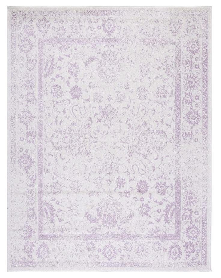 a purple and white rug with an ornate design on the bottom, in front of a white background