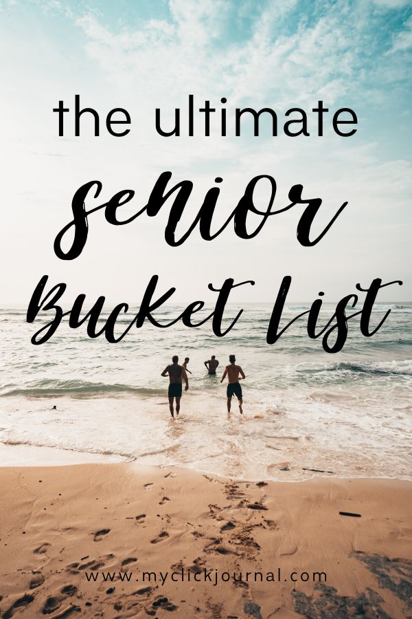 three people running on the beach with text overlay that reads, the ultimate senior bucket list