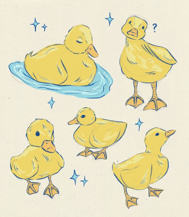 a drawing of ducks sitting on top of each other in different positions with stars around them