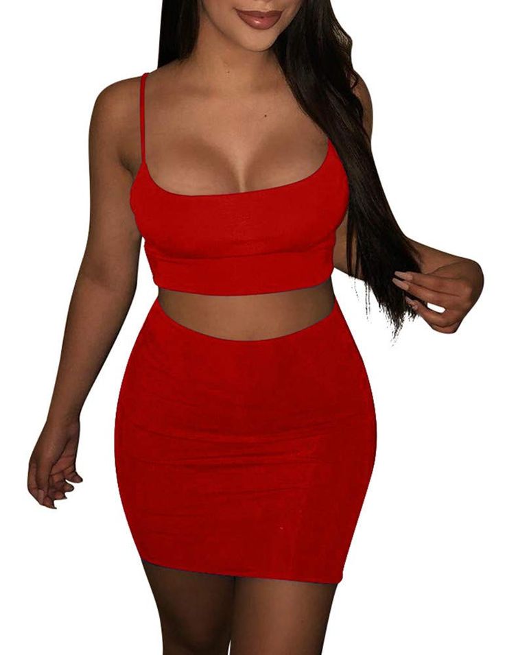 PRICES MAY VARY. Fabrics: Polyester, Spandex, The Spaghetti strap 2 piece dress is stretchy, soft, not see through, Fit like a glove Features: High waisted, Adjustable strap, Sexy sleeveless crop top and short skirt, Two pieces bocycon dresses Size: S=US(4-6), M=US(8-10), L=US(12-14), XL=US(16-18), Elastic waist mini skirt Occasion: The basic 2 piece set is suit for casual, daily, shopping, evening party, club, night out, vacation in cold day, matched with a jacket or coat Note: Any question, pl Body Con Dress Outfit, Crop Top Skirt Set, Strap Crop Top, Mini Dresses Online, Ruched Skirt, Top Skirt Set, Crop Top Skirt, Sleeveless Crop Top, Body Con Skirt