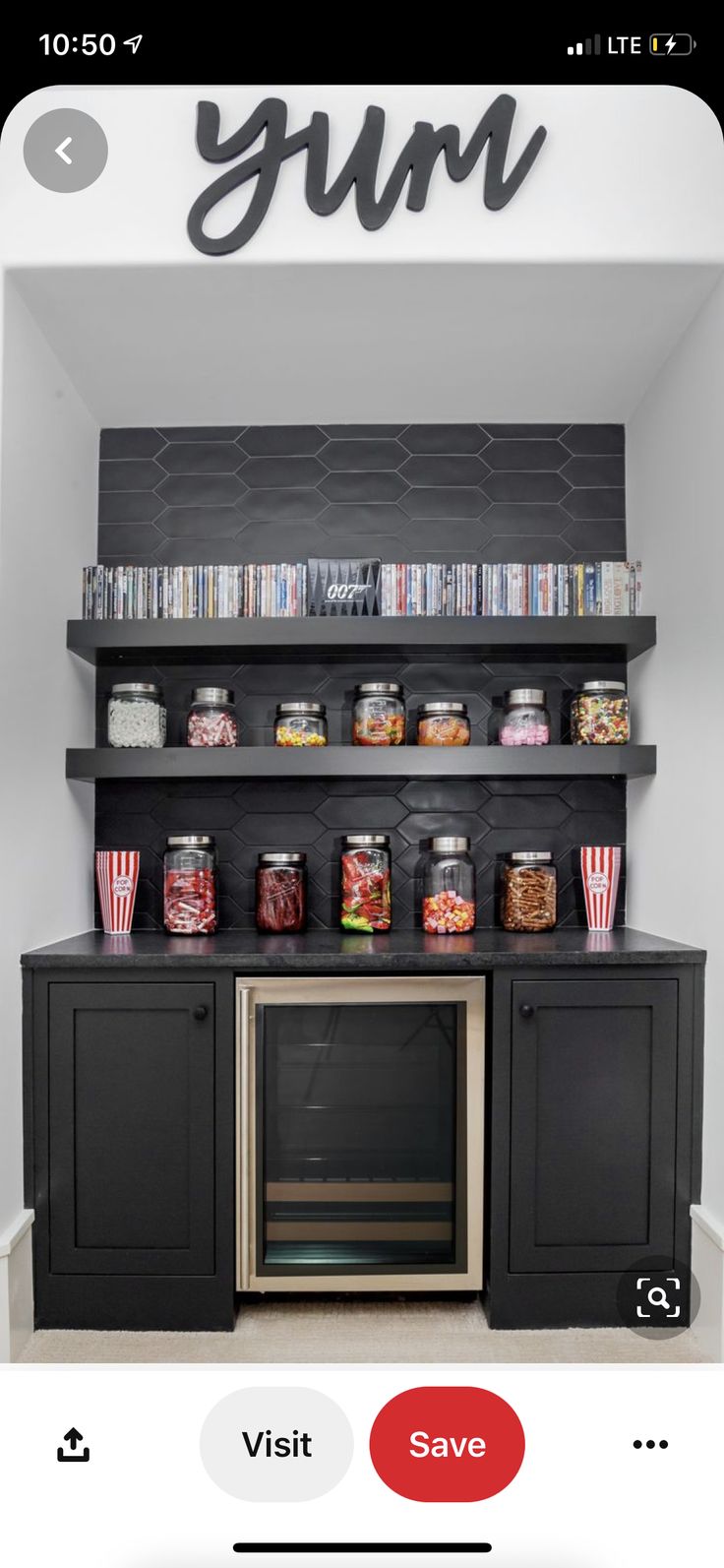 an app that is showing the kitchen and dining area with food items on shelves above it