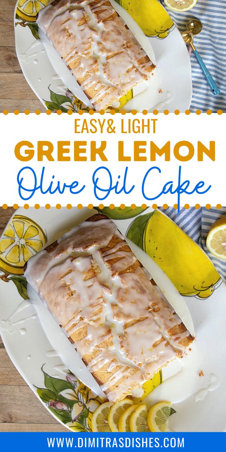 lemon olive oil cake on a plate with two slices cut out and the title overlay reads easy light greek lemon olive oil cake