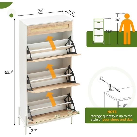 Stylish and Space-Saving Design: Our narrow shoe cabinet combines functionality with beautiful design. Crafted with hand-woven rattan and sturdy MDF, it seamlessly integrates into any room decor, from the entryway to the living room. Shoe Rack Drawer, Slim Shoe Rack, Rattan Shoe Cabinet, Shoe Cabinet Design, Flip Door, Hanging Shoe Storage, Shoe Cabinet Entryway, Stackable Shelves, Narrow Shoe Rack