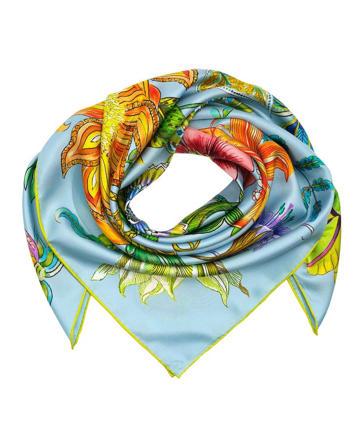 This vibrant floral print is an accent that will instantly elevate any outfit. About the Series Collection​ Each Series Collection scarf is a lovingly crafted silk square made from the finest silk twill with a hand rolled hem. Featuring original patterns from master artists, Series Collection prints are rich with vibrant color and intricate detail. We introduce a new member to the collection seasonally, every one a timeless work of art you can wear. Dimensions: 35 in. x 35 in.Materials: 100% Sil Designer Multicolor Silk Scarves, Summer Silk Scarf With Satin Finish, Luxury Silk Scarves For Summer, Multicolor Silk Square Scarf, Luxury Silk Scarves With Floral Print, Luxury Silk Floral Print Scarves, Luxury Multicolor Scarf For Spring, Luxury Multicolor Silk Scarf For Summer, Luxury Floral Print Silk Scarf For Spring