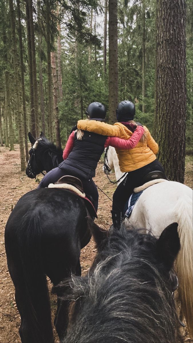 two people riding horses in the woods with trees behind them and one person on top of another horse