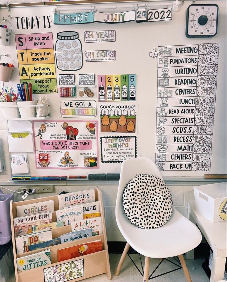 a white chair in front of a bulletin board with lots of writing and pictures on it