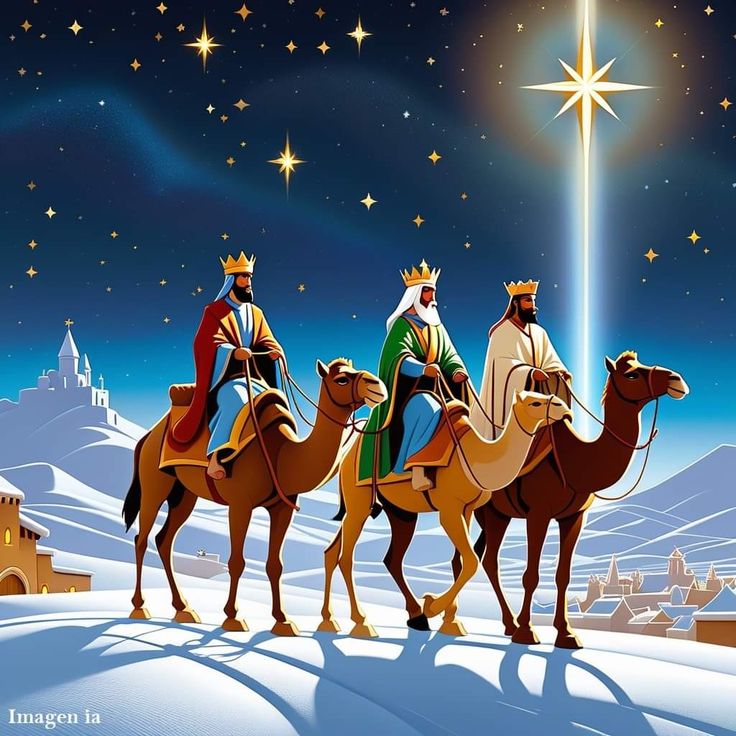 three wise men riding on camels in the snow