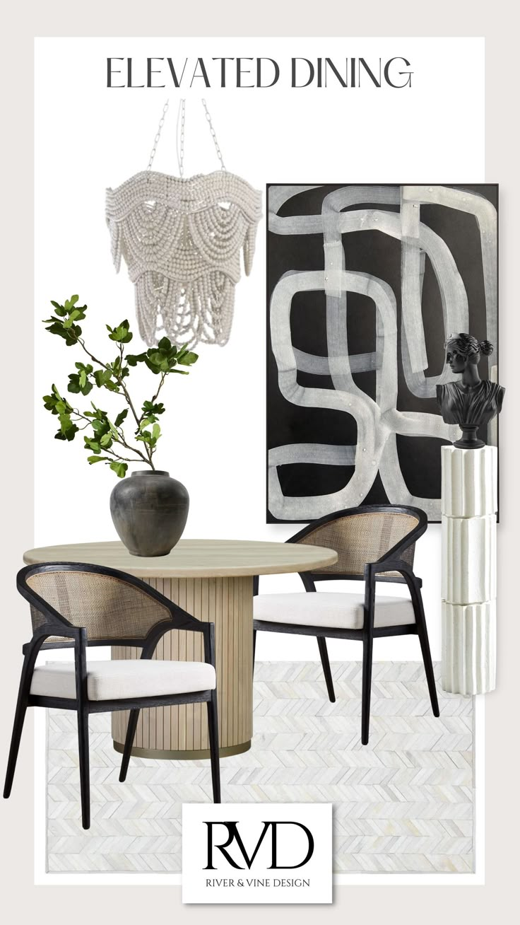 a dining room with black and white decor