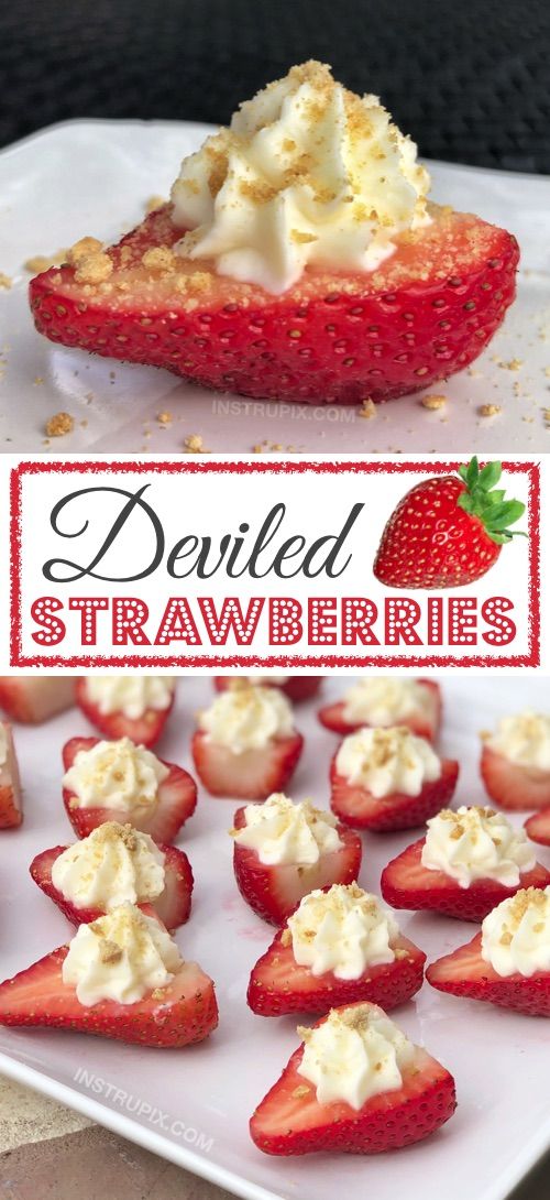 strawberries are arranged on a white plate with the words deviled strawberries above them