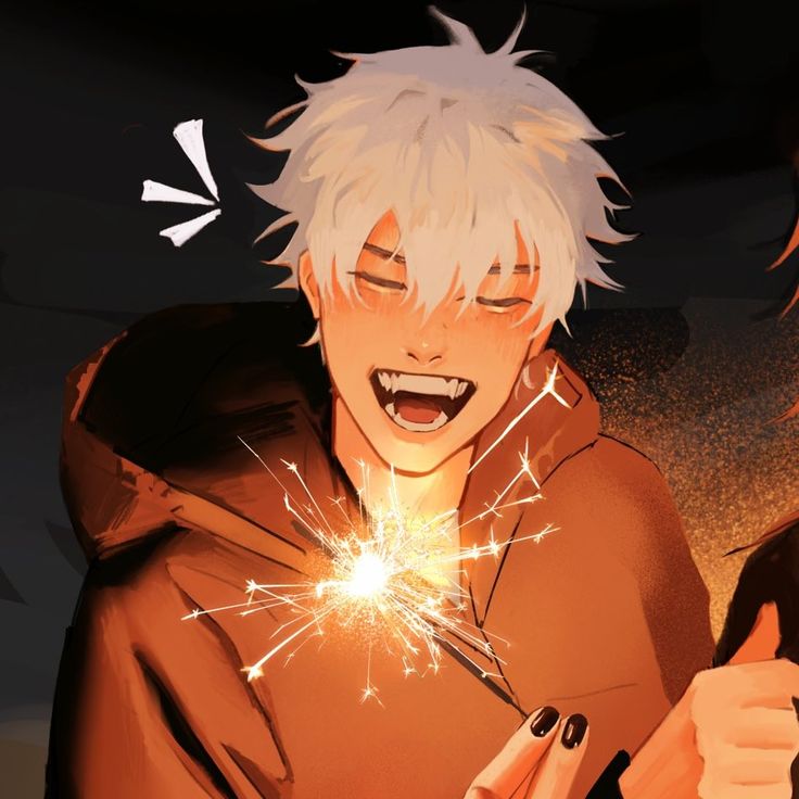 an anime character holding a sparkler in his hand and looking at the camera while another person looks on