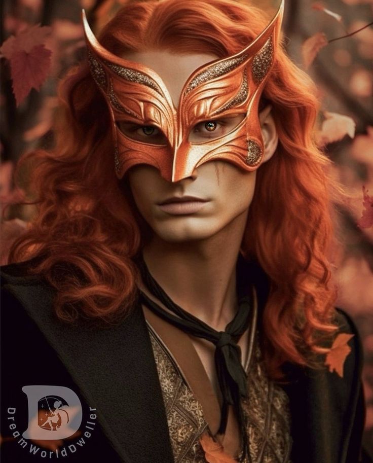 a woman with long red hair wearing a mask