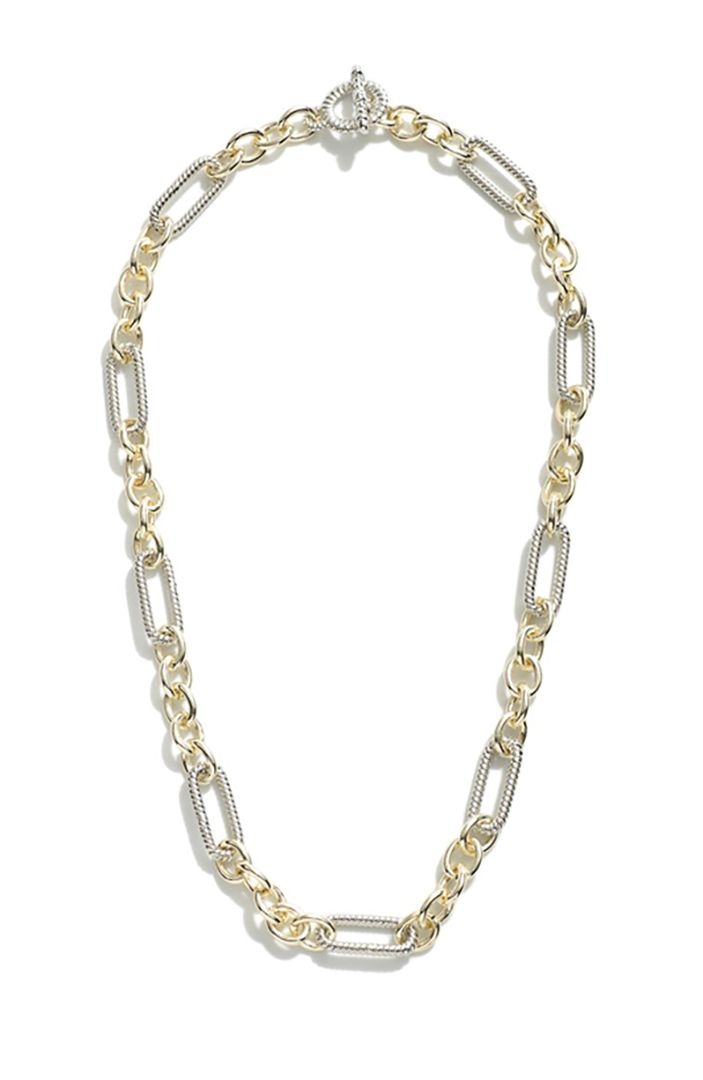 Add a fun element to your outfit with this mixed chain link necklace with T-bar closure. T-bar Closure Approximately 16" L Trendy Silver Chain Jewelry With Oval Link, Trendy Oval Link Silver Chain Jewelry, Chic Silver Chain Link Jewelry, Chic Toggle Link Necklace With Chain, Chic Metal Toggle Necklace With Chain, Trendy Metal Chain Necklace With Adjustable Chain, Trendy Toggle Link Necklace With Adjustable Chain, Chic Toggle Chain Link Necklace, Chic Metal Chain Link Toggle Necklace