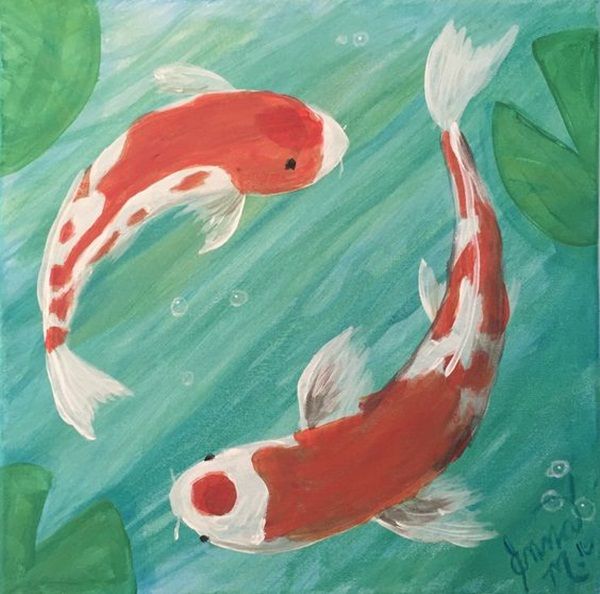 two red and white koi fish swimming in water with lily pads on the bottom