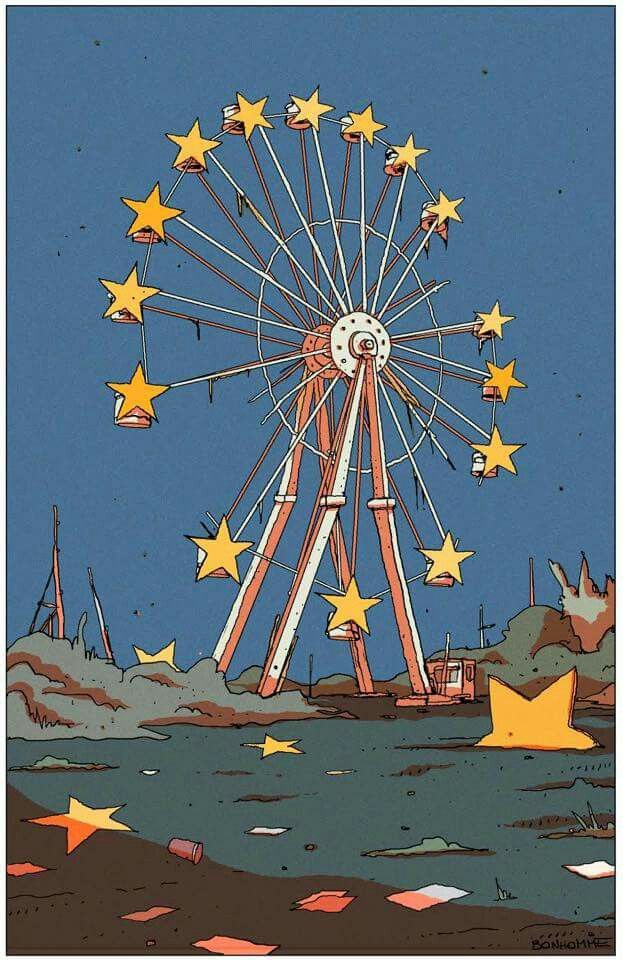 an illustration of a ferris wheel with stars on it's side and the sky in the background