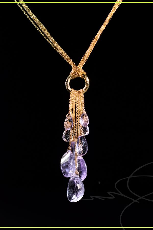 • Fancy cut pink amethyst briolettes • Ameterine rondelle details • 24k gold vermeil heavy hammered chain link • 14k gold filled chain/clasp • Pendant length 3 1/2'' • Necklace length 22 1/2'' Dazzling Multi-stone Necklace For Formal Occasions, Luxury Amethyst Necklace For Formal Occasions, Luxury Drop Multi-stone Jewelry, Formal Fine Jewelry Amethyst Necklaces, Luxury Amethyst Pendant Jewelry, Formal Amethyst Necklace In Fine Jewelry Style, Formal Fine Jewelry Amethyst Necklace, Exquisite Amethyst Necklace For Formal Occasions, Exquisite Formal Amethyst Necklace