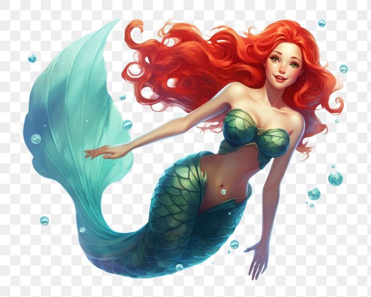 a mermaid with long red hair and green tail