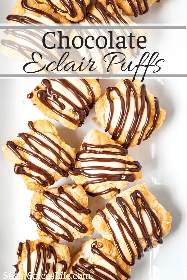 chocolate eclair puffs on a white plate with the words, chocolate eclairs