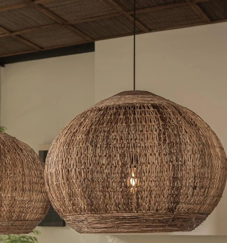 two hanging lights made out of wicker in a room with plants on the wall