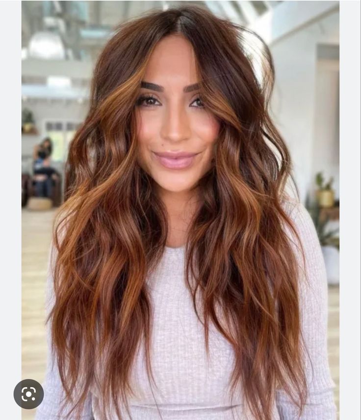 Cinnamon Hair With Copper Highlights, Baylage Red Brown, Dark Roots And Copper Hair, Auburn Hair Color For Fair Skin, Brown With Red And Caramel Highlights, Red Brunette Highlights, Brown Root Copper Ends, Cowgirl Copper Hair On Dark Hair, Brown To Copper Color Melt