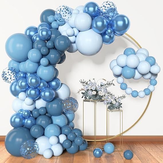 a balloon arch with blue and white balloons